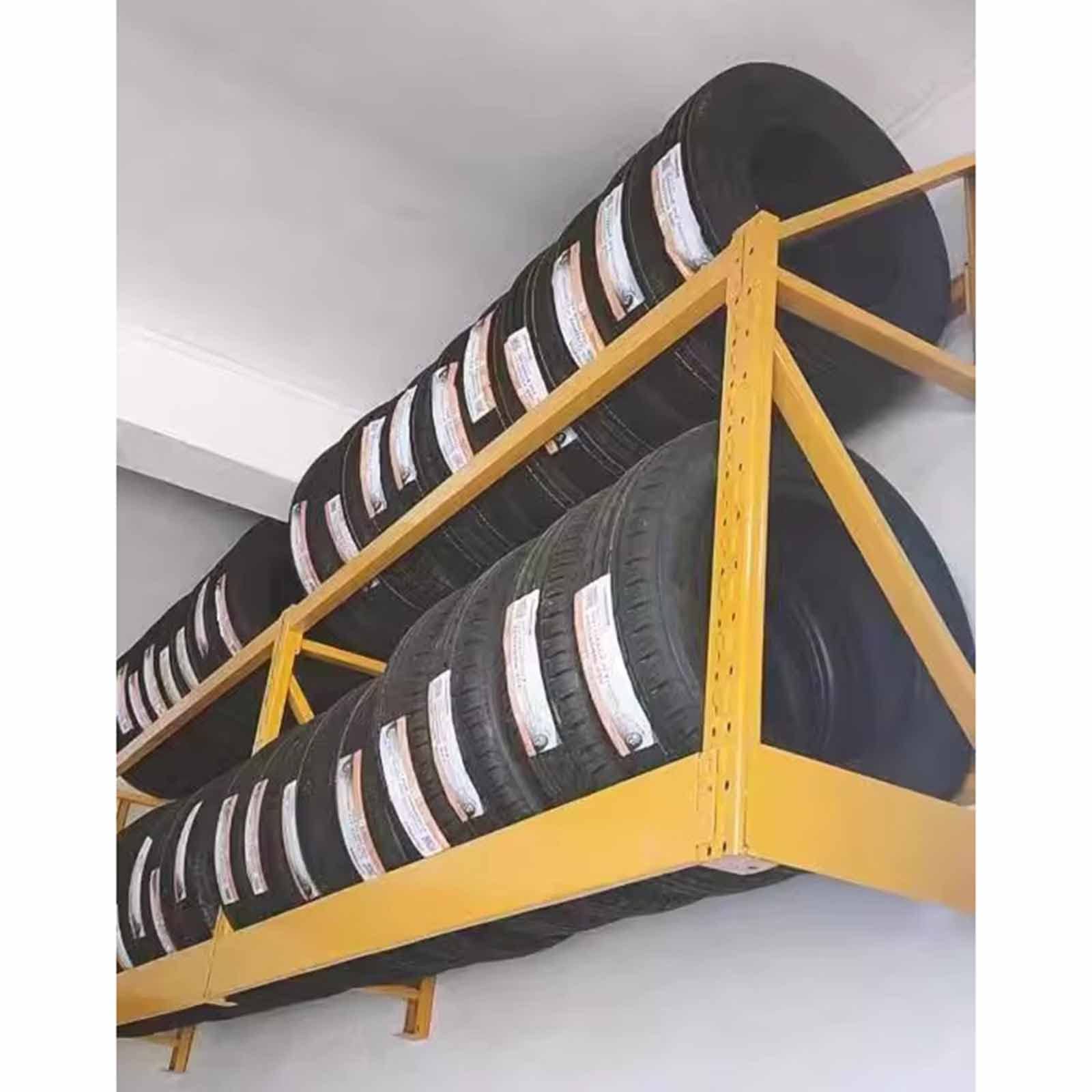 Estante de exhibición de neumáticos, base de neumáticos, soporte para ruedas de garaje, taller, soporte de almacenamiento de neumáticos colgante para ruedas de coche, garaje, amarillo, 150 cm de largo