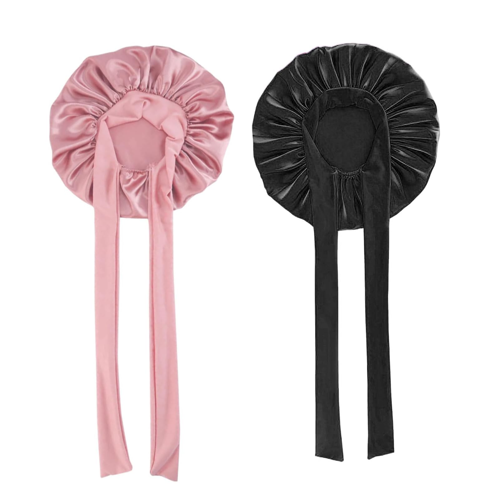 Shirene Satin Bonnet,2 PCS Soft Silk Bonnet Hair Wrap for Sleeping Hair Bonnet for Bath Adjustable Satin Night Sleeping Silk Bonnets with Tie Band for Women Girls Long Straight Curly Hair Black Pink