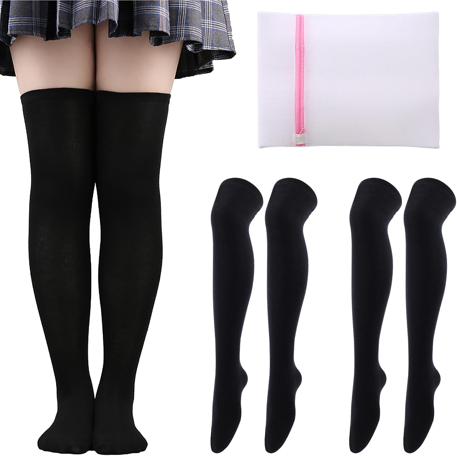 ZYNERY2 Pairs Thigh High Socks, Black Light Grey Knee High Socks, High Warm Stocking Women, Stretchy Over the Knee Socks for Women Girls