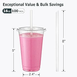 AOZITA [100 Sets] 16 oz Clear Plastic Cups With Lids and Straws, Disposable Cups With Lids for Iced Coffee, Smoothie, Milkshake and Cold Drinks (New-16-100)