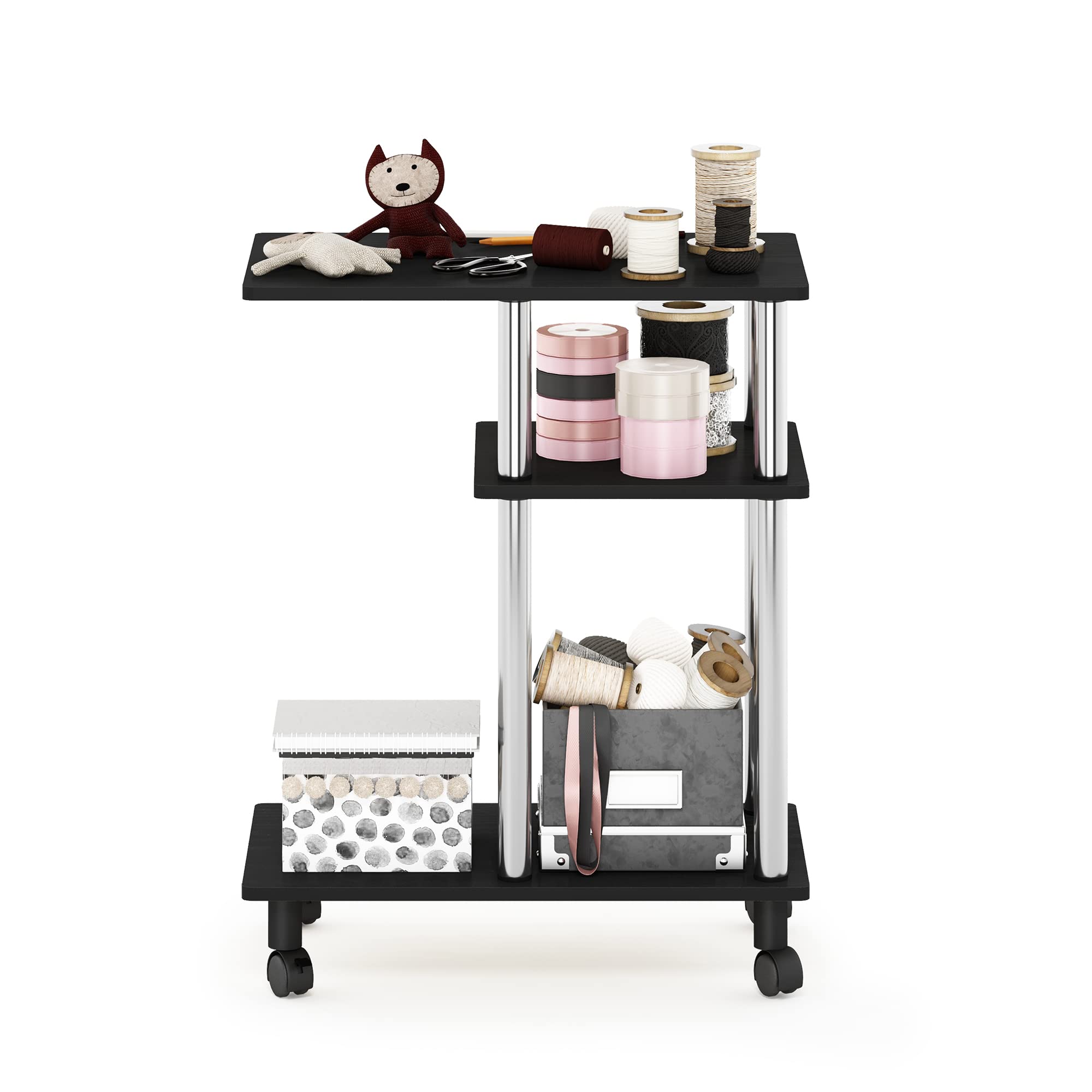 Furinno Turn-N-Tube Mesa Auxiliar de Sofá en Forma de U con Ruedas, Madera de ingeniería, Americano/Acero Inoxidable, 29.5(D) x 50(W) x 62.7(H) cm