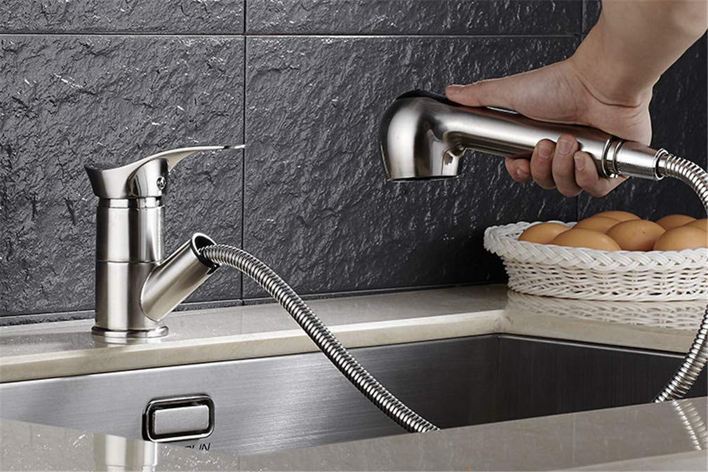 Grifos de Cocina Grifo de Cocina extraíble Giratorio de 360 Grados Grifo de Ahorro de Agua Grifo Mezclador de grúa de Lavabo Negro Pulido Grifo de latón de una manija Montado en la