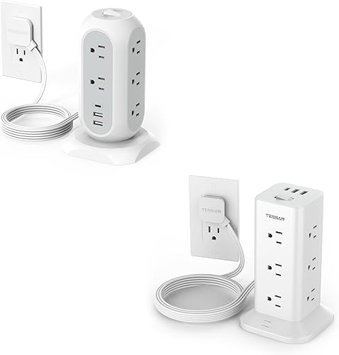 TESSAN - Torre de regleta con protección contra sobretensiones, cable de extensión de enchufe plano de 6 pies con múltiples tomas, 3 puertos USB (1