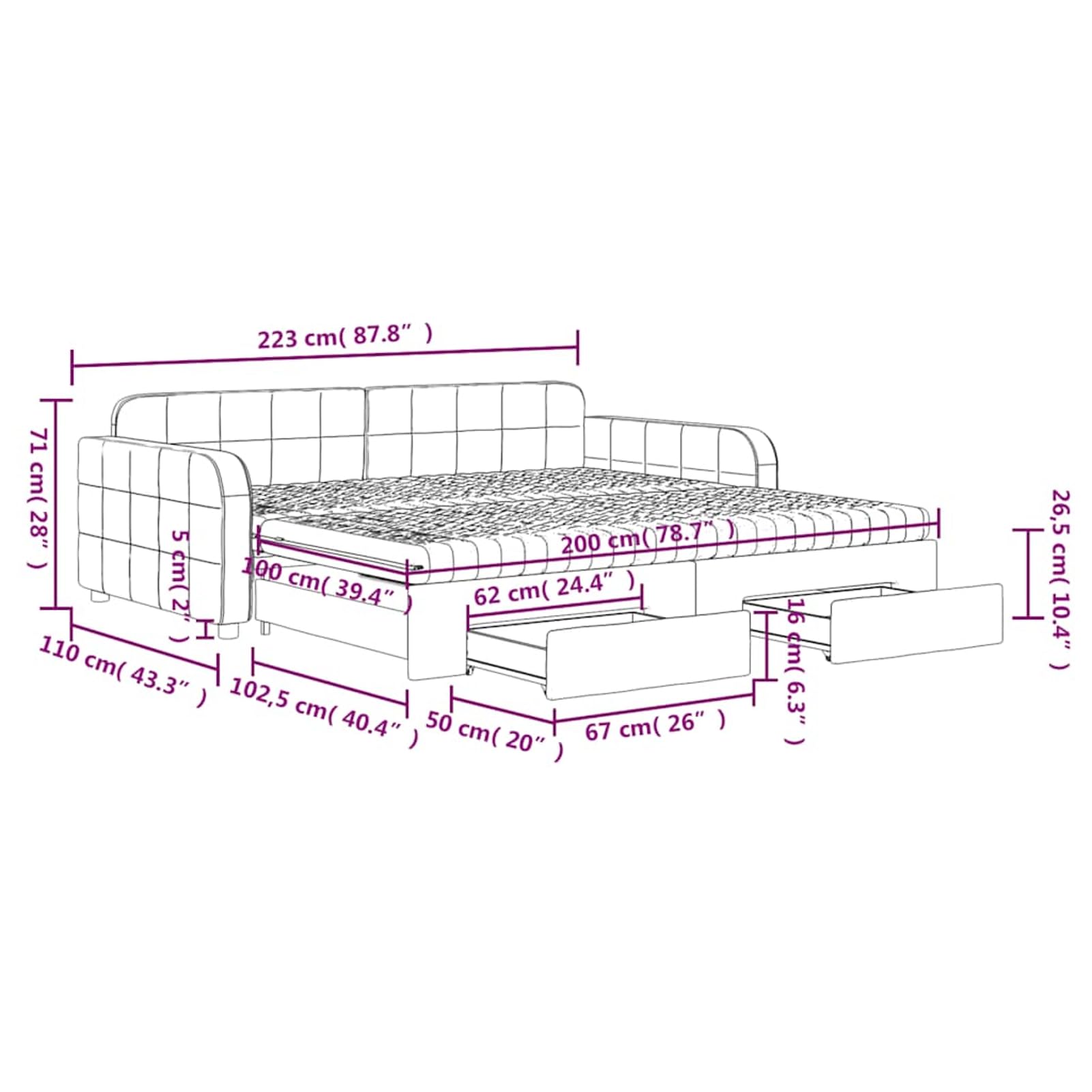 ATOMSTACK MAKER Sofa Cama Plegable 2 en 1 Negro de Terciopelo, Cama Diaria Extensible 100 x 200 cm Con 2 Colchones de Espuma y 2 Cajones Con Ruedas – Ideal para Salón o Dormitorio de Invitados
