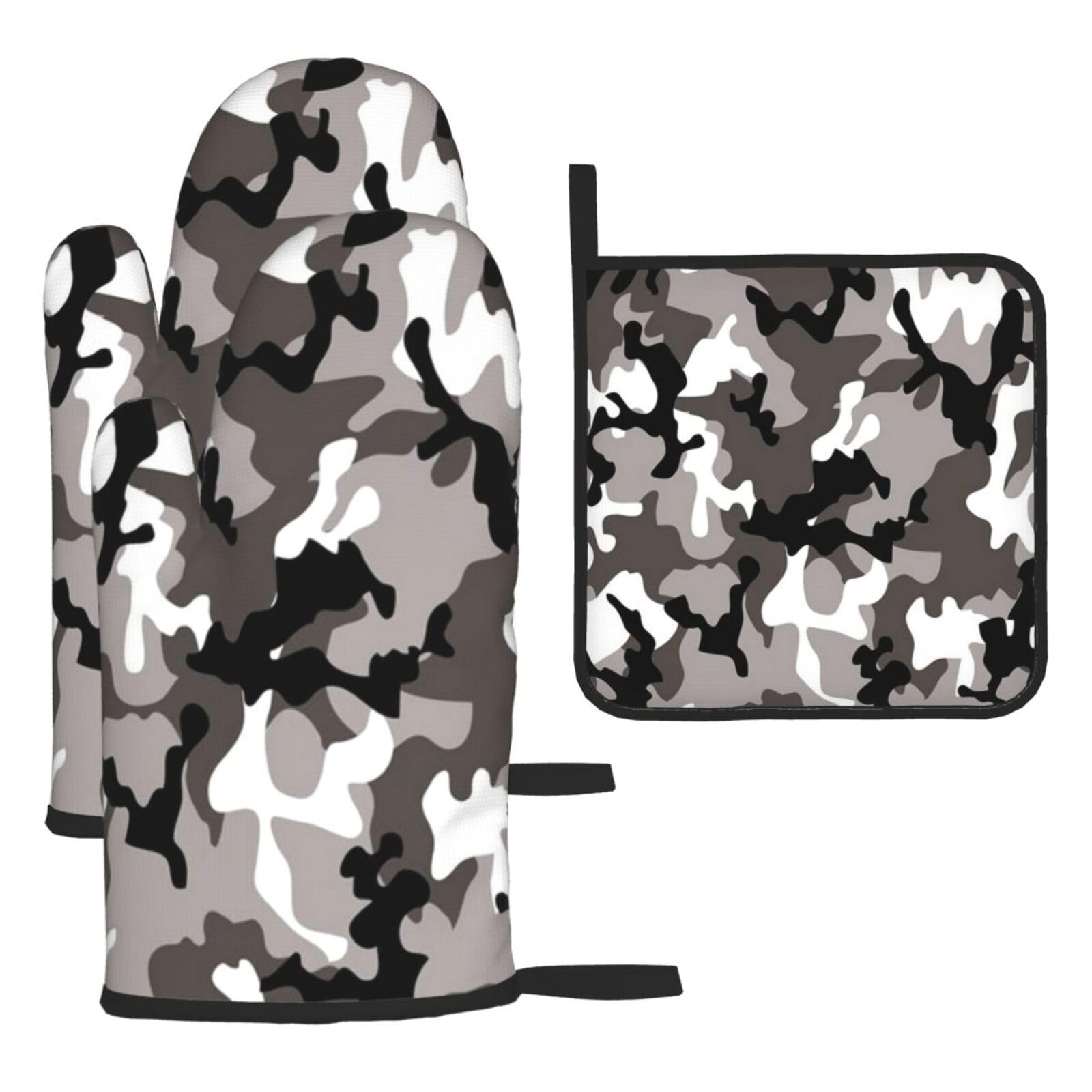 Black Grey White Camo Print Oven Set Kitchen Gloves Baking Grilling Microwaving Cooking Gift Everyday Holiday