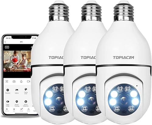 Topiacam Paquete de 3 cámaras de seguridad con bombilla 24 GHz WiFi inalámbrica cámaras de seguridad 1080P visión nocturna a color audio de 2 vías