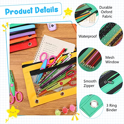 Image of Zhehao 200 Pcs Pencil Pouches for 3 Ring Binder, Bulk Zipper Pencil Pouch Pen Case with Mesh Window Cloth Double Pocket 3 Hole Bag for Storing School Office Supplies(Multicolor)