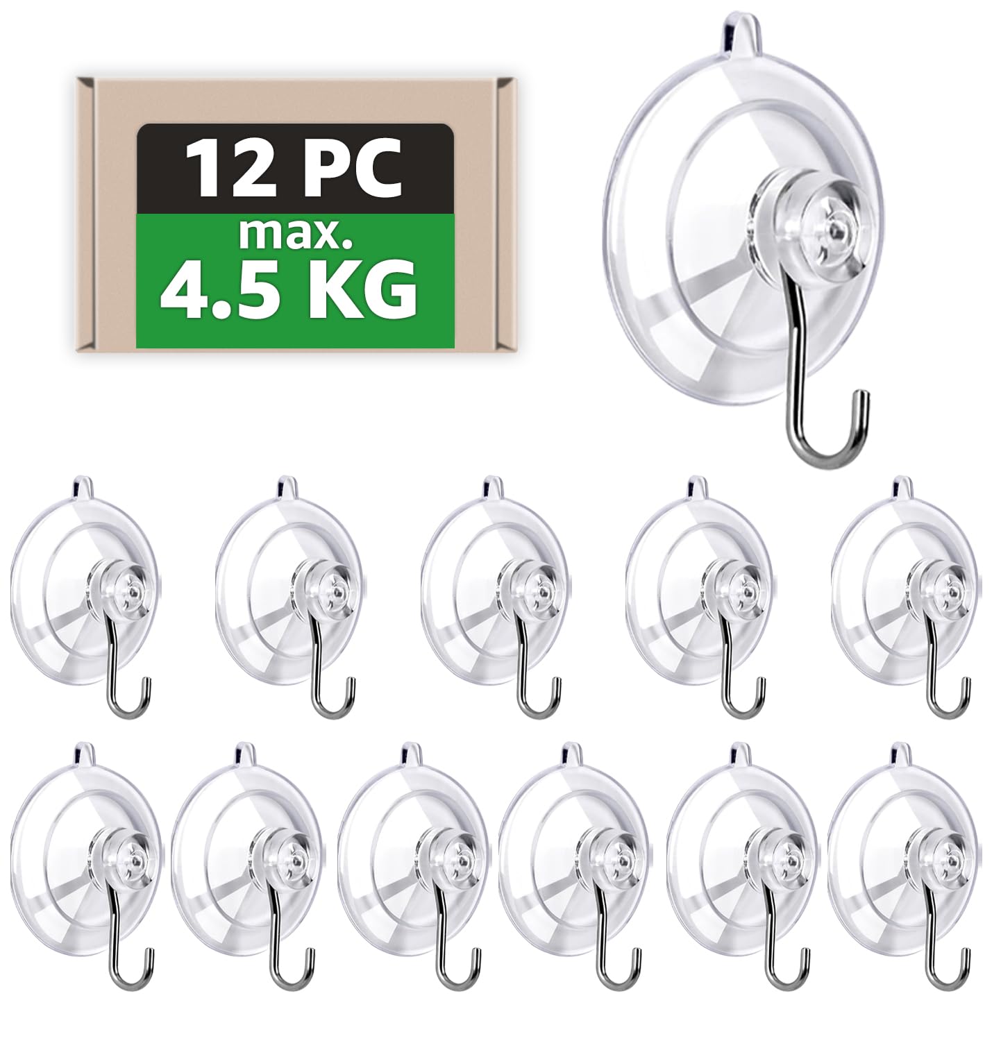 GeeMiLo Saugnapf mit Haken, Saughaken - [max. 4.5kg] [Ø 45 mm] [12 Stück], Hochwertige Saugnäpfe, Suction Cup Hooks für Camping | Badezimmer | Küche | Auto | Fenster, Wandhaken | Weihnachtsdeko