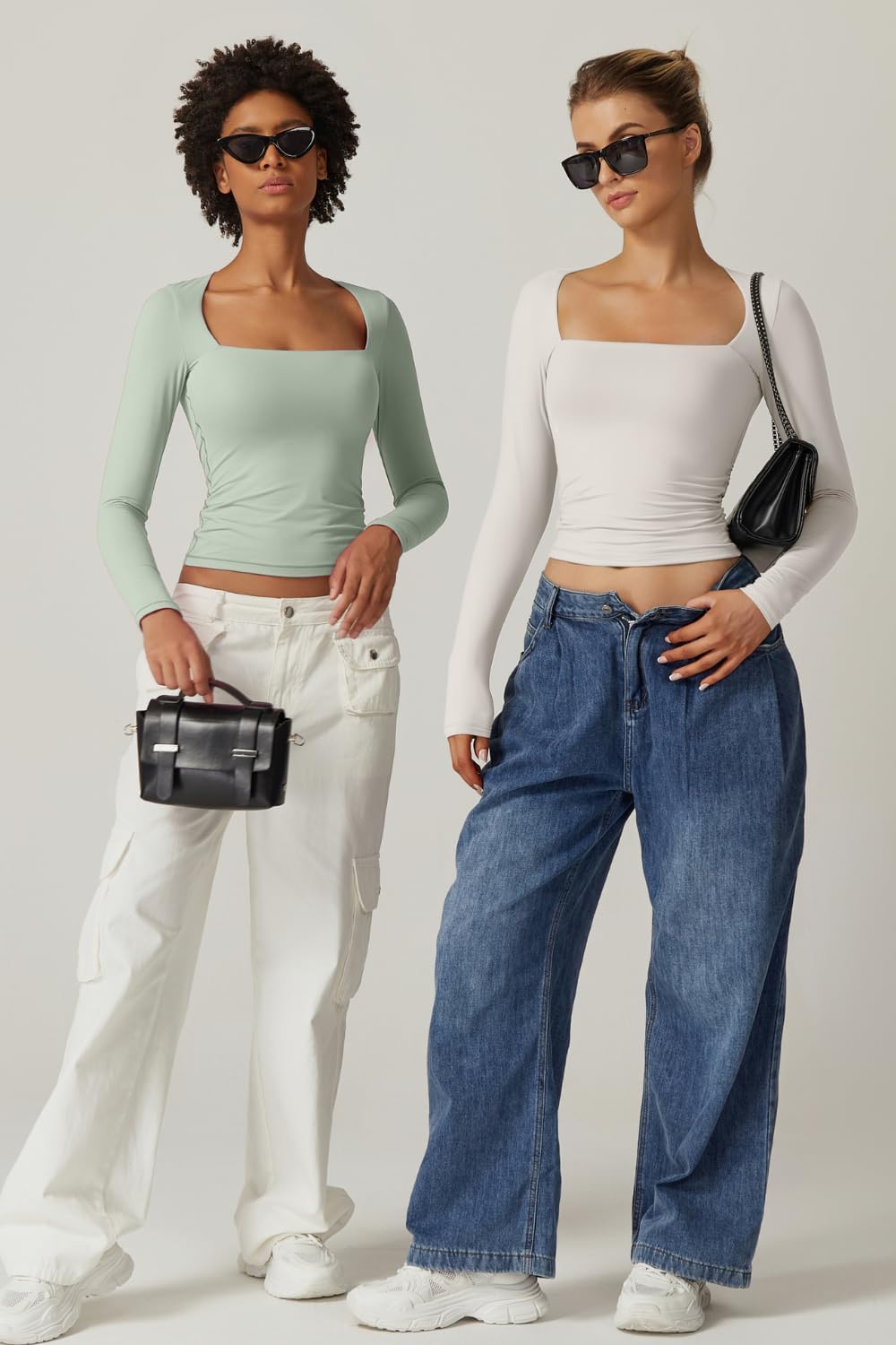 QINSEN Women's Sexy Square Neck Shirt Long Sleeve Double Lined Tees Fitted Going Out Tops - Image 6