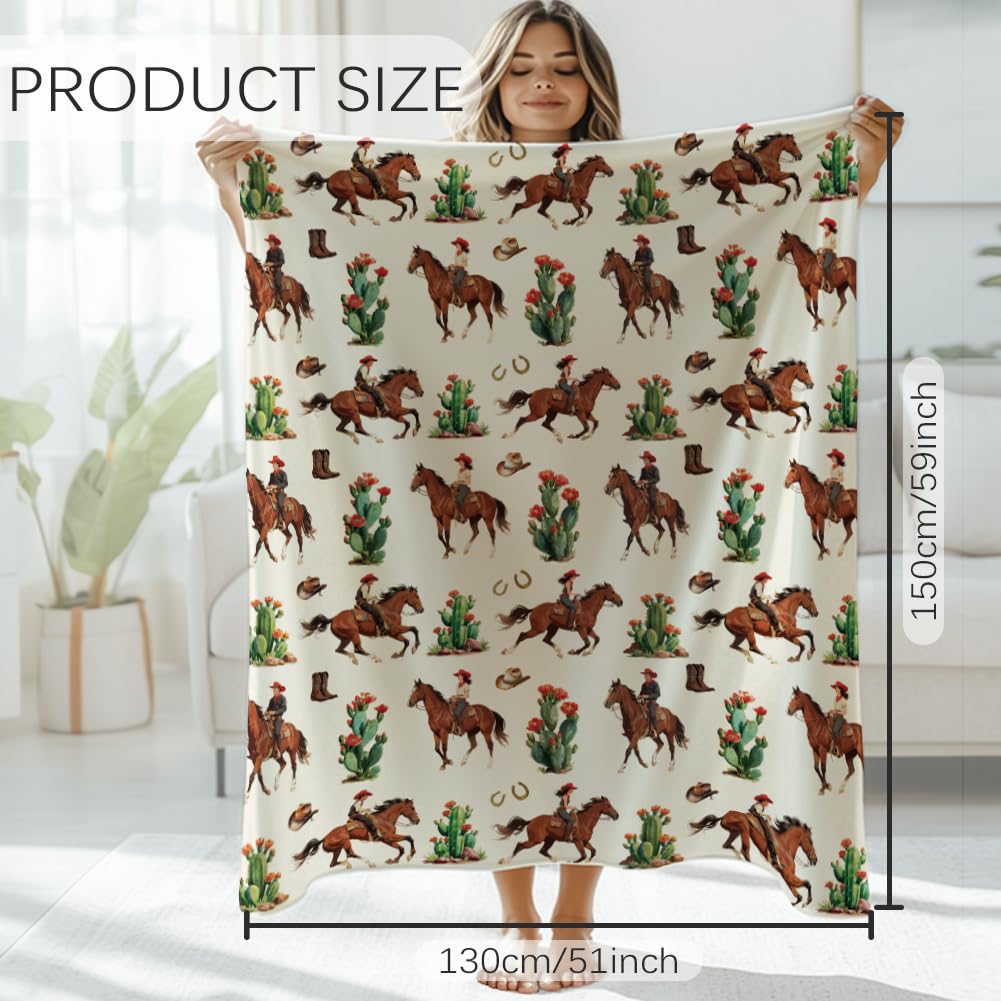 GLOBLELAND Western Cowboy Throw For Women Men 59×51 inch Cactus Horseshoe Cowboy Hat Soft Cozy Flannel Blanket Washable Fuzzy Throw Blanket for Home Office Room Bed Sofa Chair Gift - Image 2
