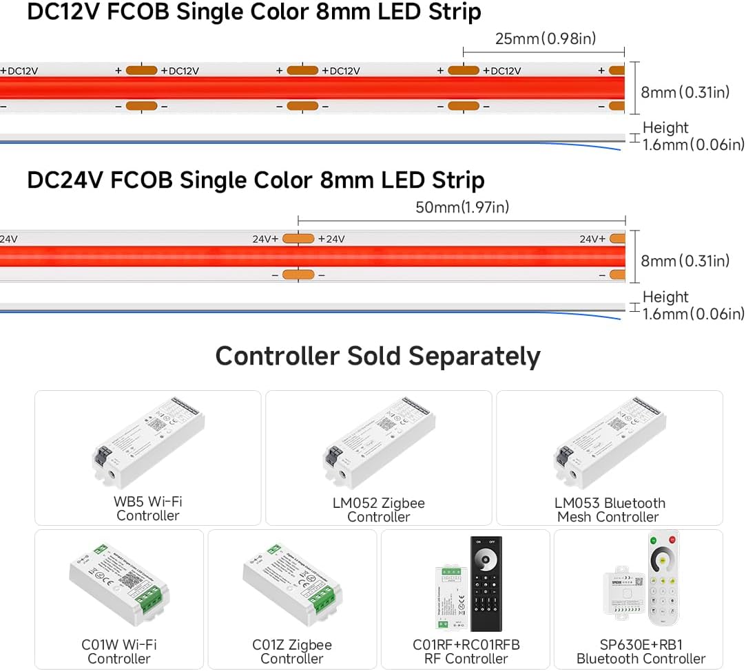 BTF-LIGHTING FCOB COB LED Strip Red Color 480LEDs/m 16.4FT DC12V Flexible High Density Uniform Light 8mm Width Bright Dimmable for Bedroom Indoor Decor(No Adapter or Controller)
