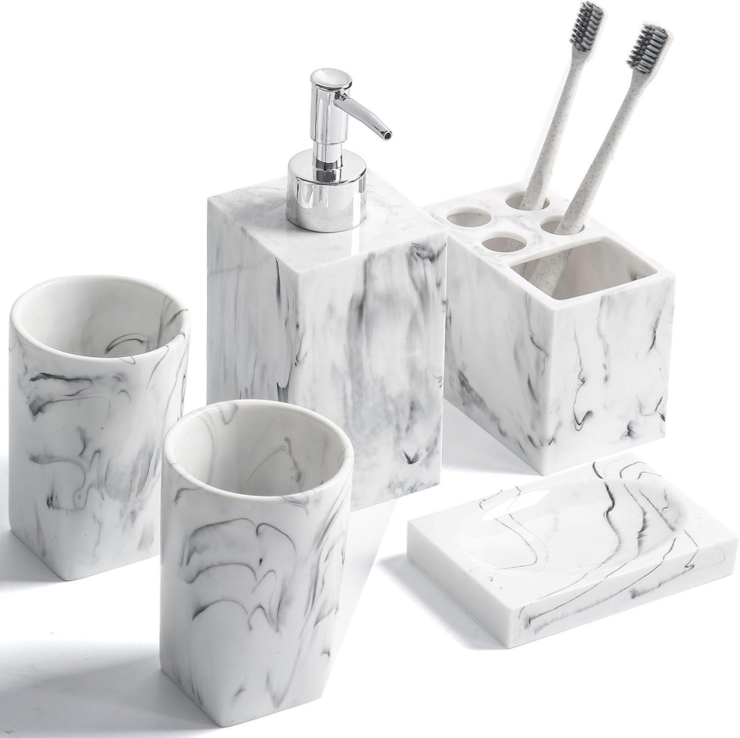 5-Piece Bathroom Counter Top Accessory Set - Dispenser for Liquid Soap or Lotion, Soap Dish, Toothbrush Holder and 2 Tumblers, Marble Pattern Resin (Ink Black)