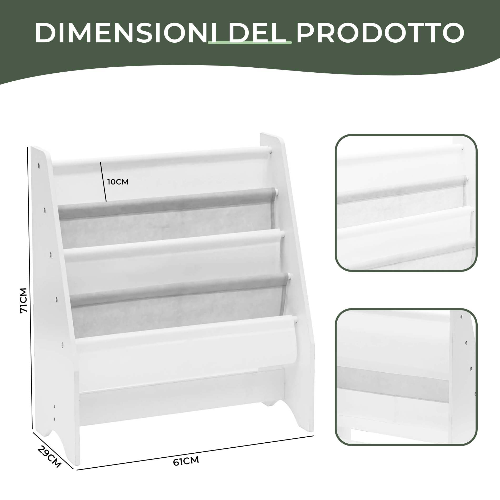 Rebecca Mobili Scaffale Per Bambini, Libreria Montessori, Bianco Grigio, MDF TNT, Con 4 Ripiani, Per Libri Quaderni - Misure HxLxP: 71 x 61 x 29 cm - Art. RE6845