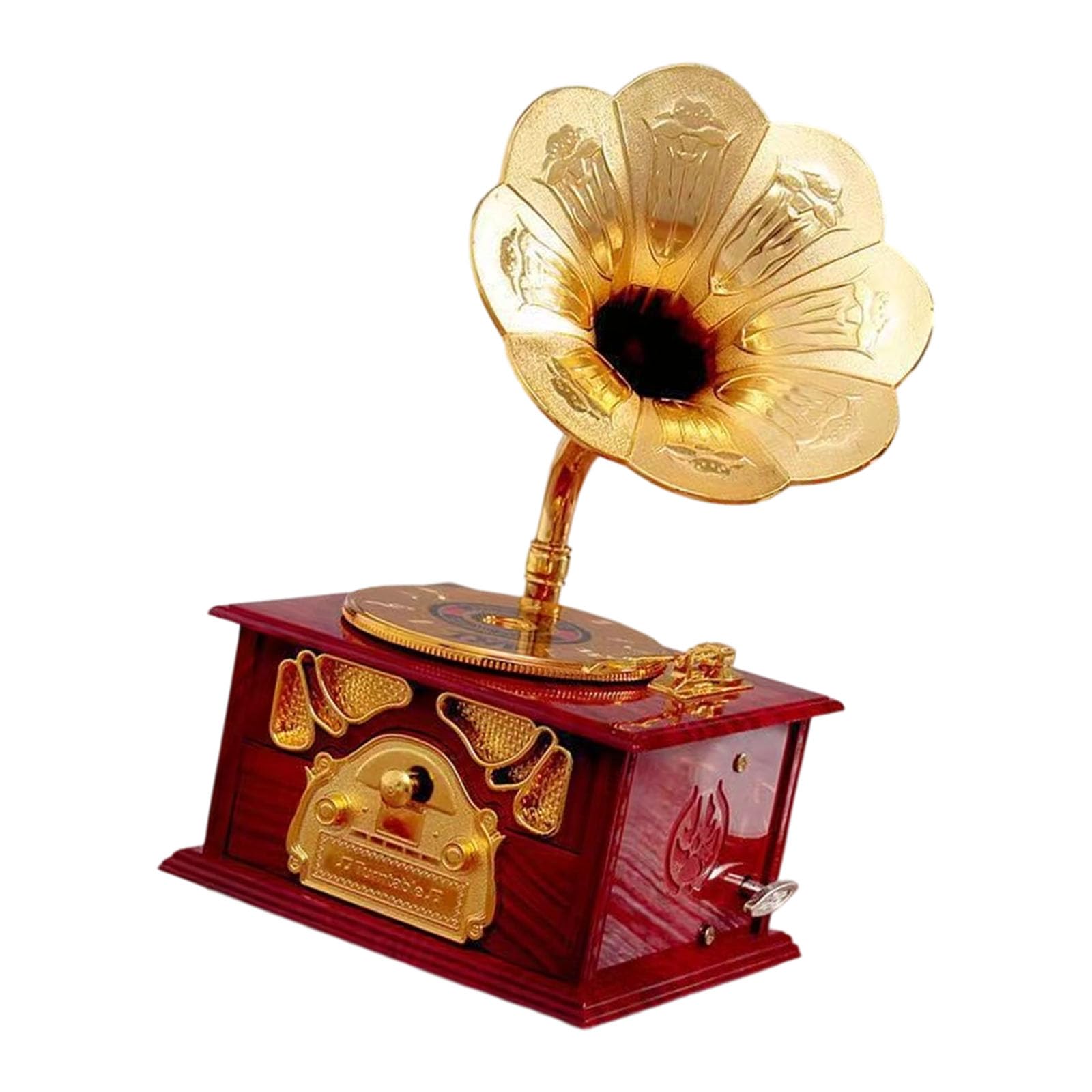 CAZSTYK Nostalgic Antique Gramophone Shape Music Box with Drawer Manual Wind Up Mechanical Ornament for Collectors Gift Wind Up Musical Box