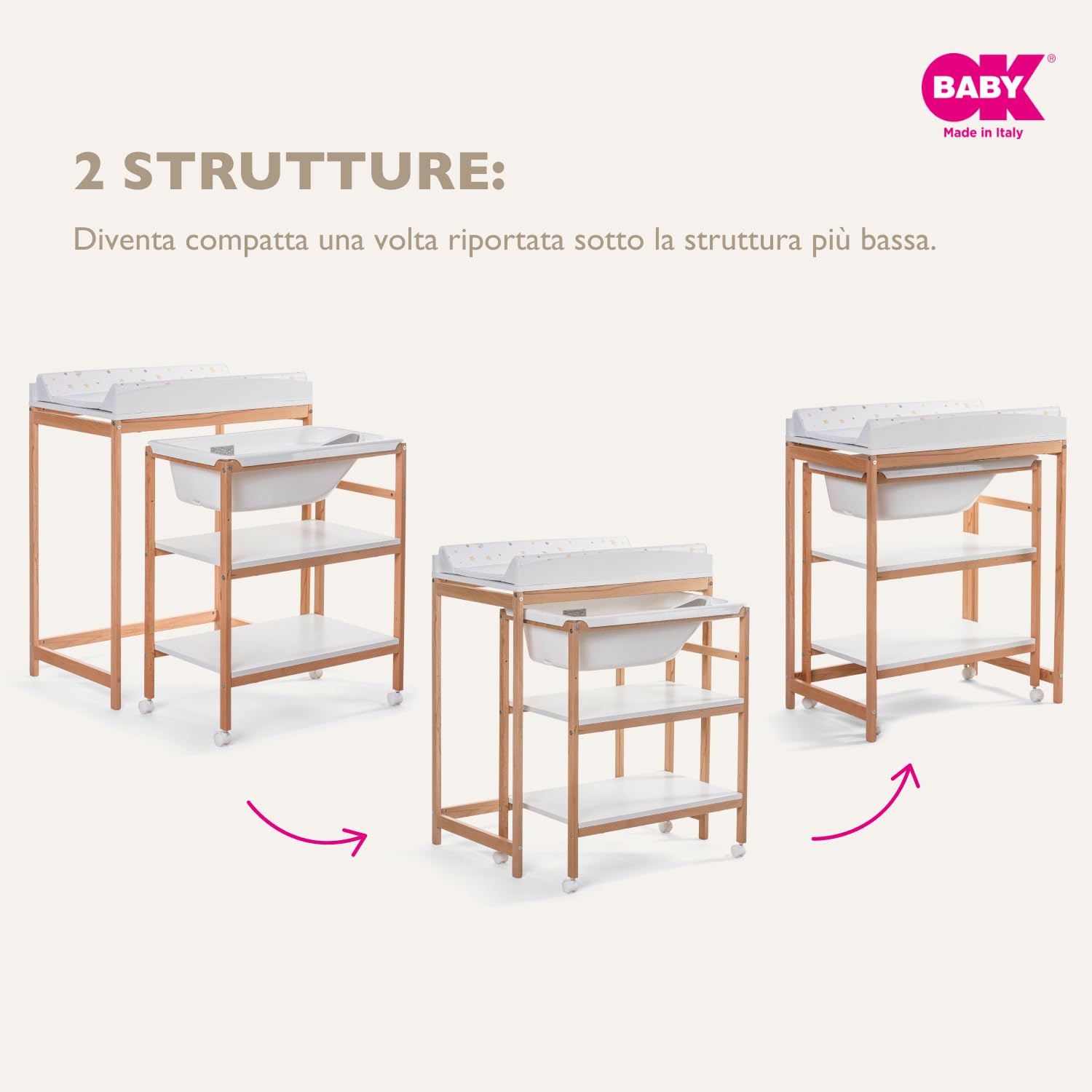 OKBABY Woody - Fasciatoio in Legno con Vaschetta Ergonomica e Ruote, Completo di Materassino Soffice per il Cambio del Neonato - 0-12 Mesi (11kg) - Bianco
