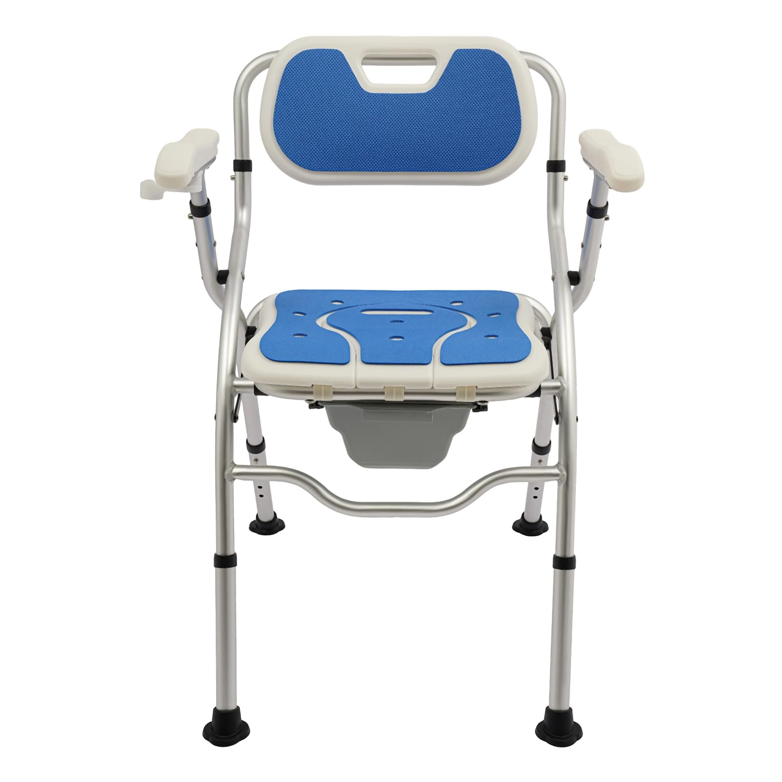 Toilettenstuhl für Senioren, klappbarer Toilettenstuhl für ältere und behinderte, Höhenverstellbarer Duschstuhl für Senioren, einfaches Abnehmen des Töpfchens,Tragfähigkeit 150kg (Blau, M)