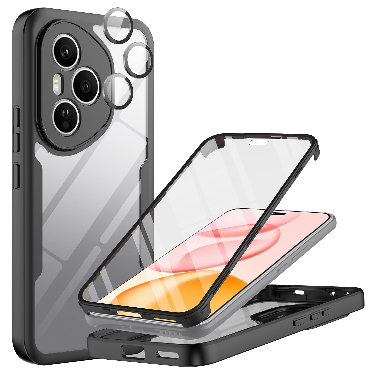 Custodia Per Honor 400 Pro Con Staffa Anello 360° – Pelle PU + Silicone – Anticaduta – Nero