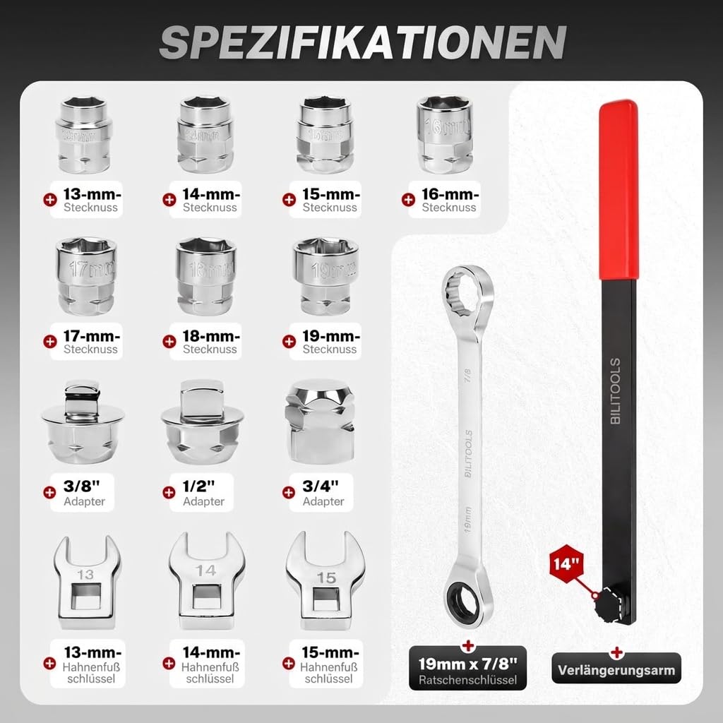 BILITOOLS 15-tlg. Universal Spannrolle Keilrippenriemen Keilriemen Schlüssel KFZ Werkzeug Satz, Ratschen Spannrollenschlüssel Durchsteck-Steckschlüssel zum Wechseln von Spannrolle Keilrippenriemen