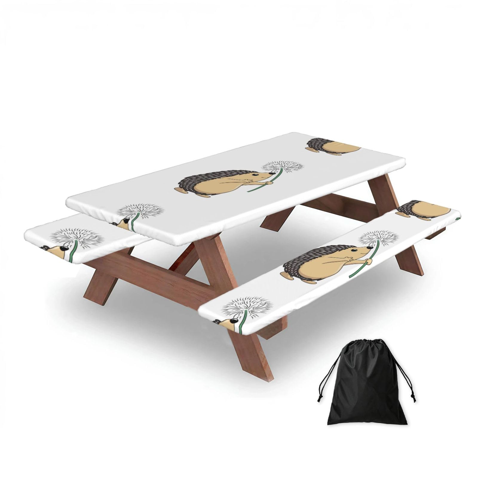 Hedgehog Animal, Picnic Table Cover With Bench Covers -Waterproof Elastic Fitted Tablecloth for Garden Camping Patio 76x152cm