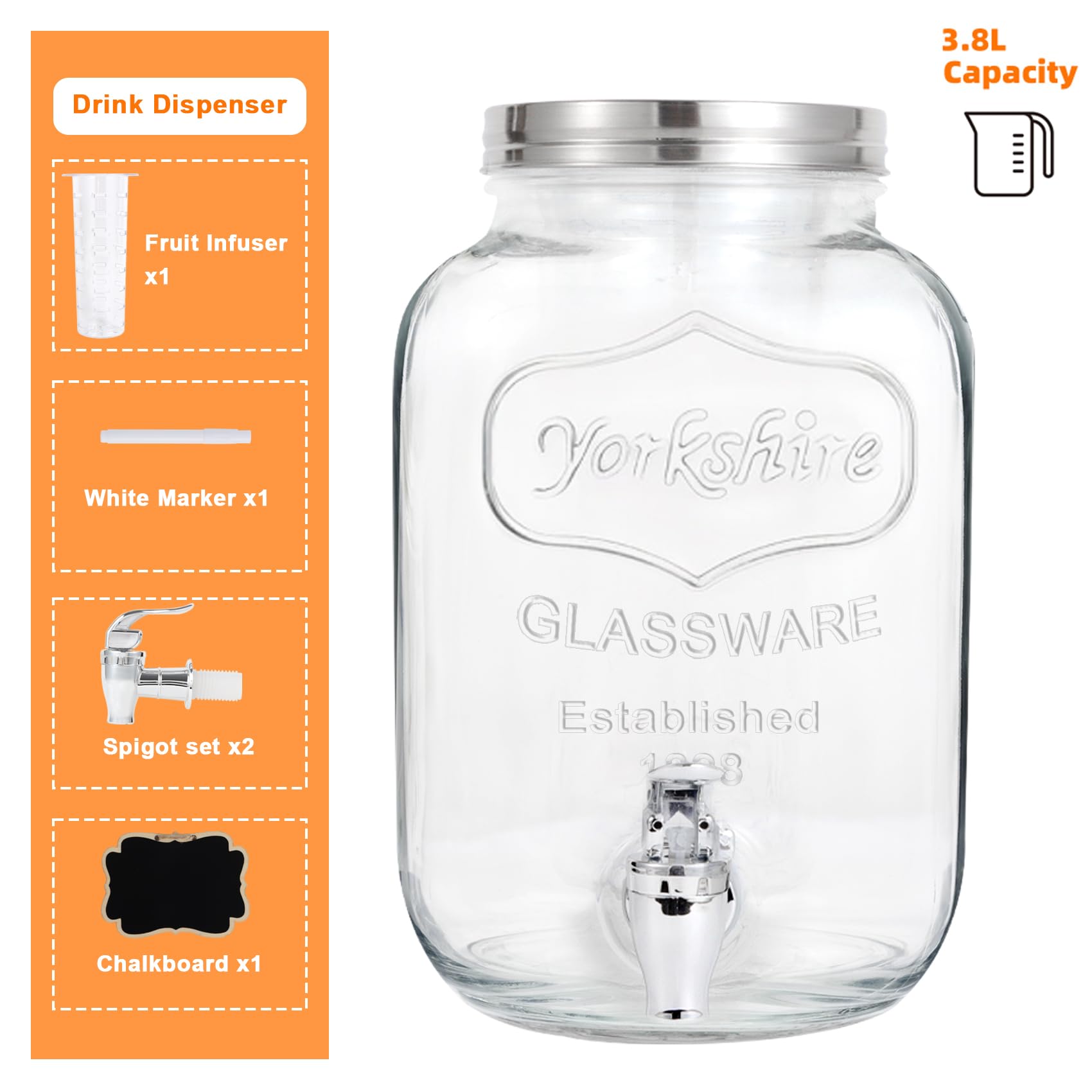 Dispensadores de bebidas de vidrio de 1 galón para fiestas para barbacoas, picnics, fiestas, dispensador de detergente para ropa
