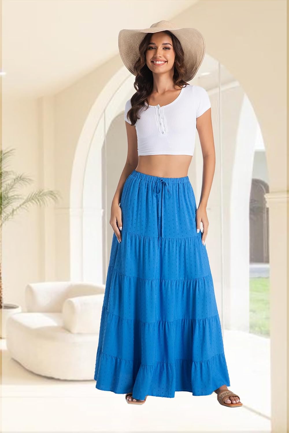 White Maxi Skirt for Women Casual Elastic Waist A-Line Pleated Summer Boho Beach Long Skirt - Image 5