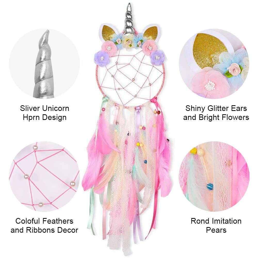 Dream Catcher LED jednorożec, dekoracja do pokoju dziewczęcego, świecący ręcznie łapacz snów, stalówka czeska gobelin do domu, pokoje ścienne, wiszące dekoracje ślubne (Dreamcatcher-1)
