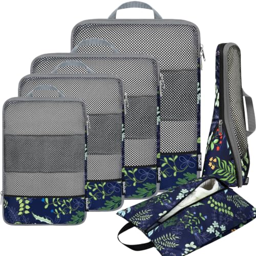 Image of BAGAIL 4 Set /6 Set /8 Set Compression Packing Cubes Travel Accessories Expandable Packing Organizers (Half Mesh, 6-Navy Leaf)