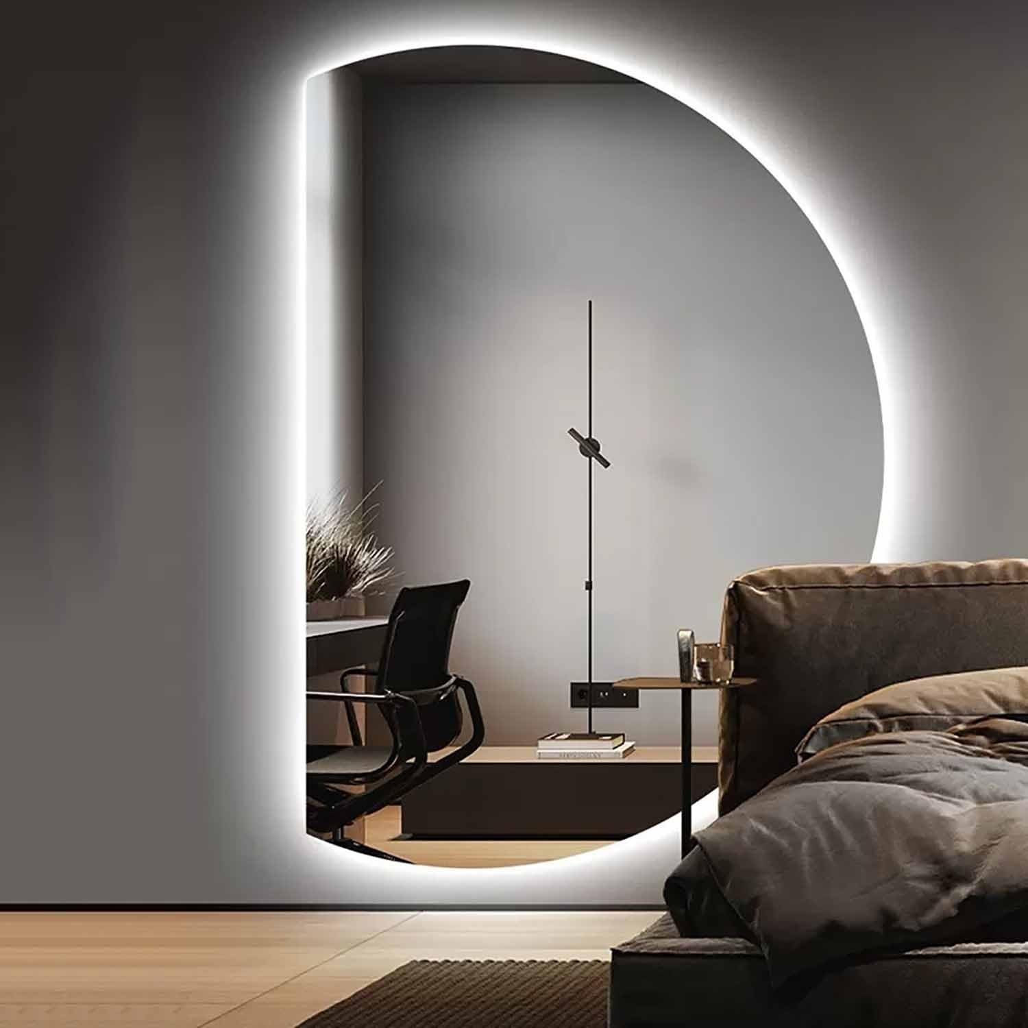 WQZzjm LED Backlit HalfMoon Bathroom Mirror 51 x 35 Inches, Adjustable Brightness, AntiFog, Irregular SemiCircle Design, Stylish Interior Decor (Right Half 35"x24")
