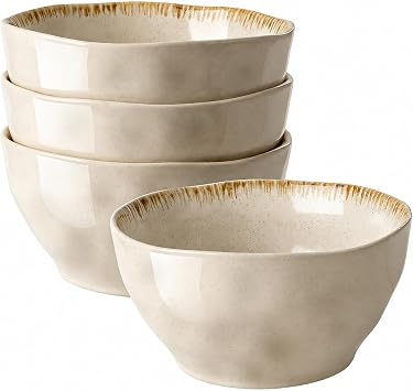 DOWAN 30 OZ Soup Bowls, Large Cereal & Salad Bowl Set of 4, Deep Bowl for Kitchen, Large Ceramic Bowls for Soup, Cereal, Salad, Ramen, Pho and Fruit, Dishwasher & Microwave Safe, Beige