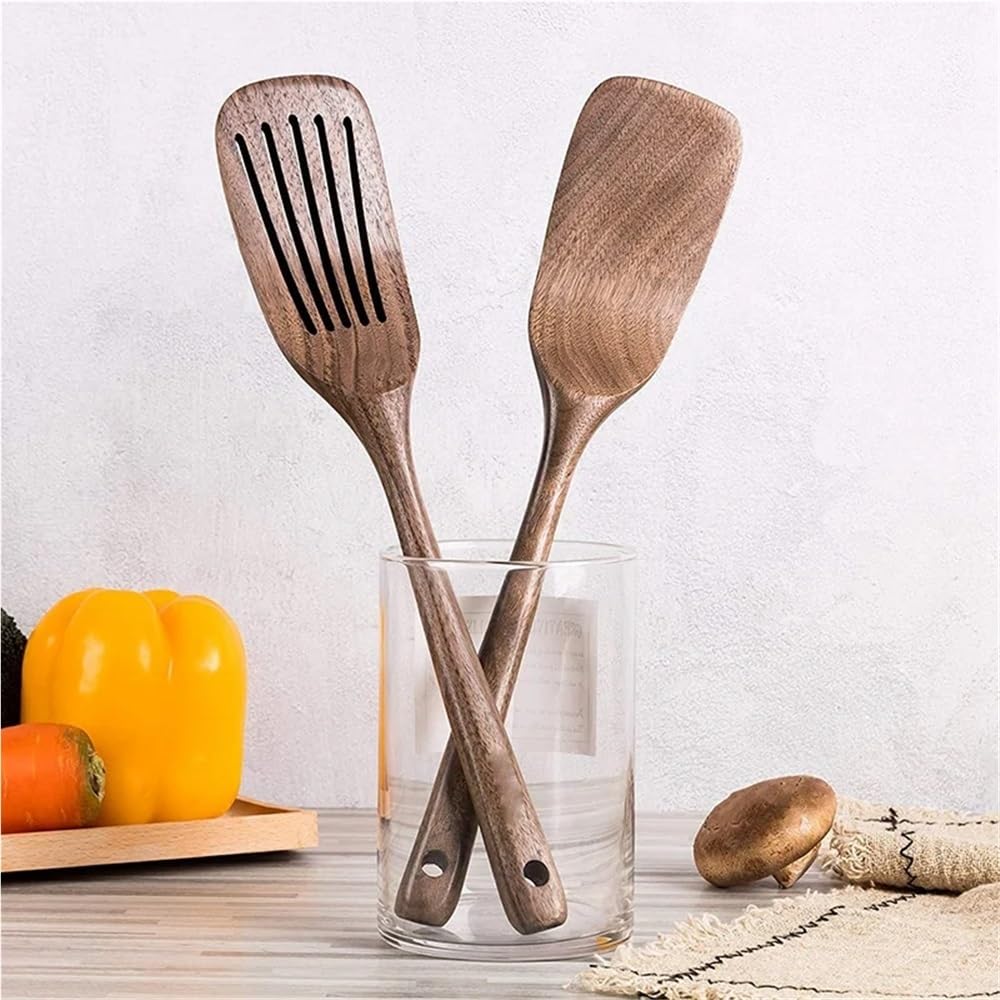 Espátula de Madera y espátula ranurada for cocinar, Mango Largo de Nogal Negro y ranurada for Utensilios de Cocina antiadherentes.