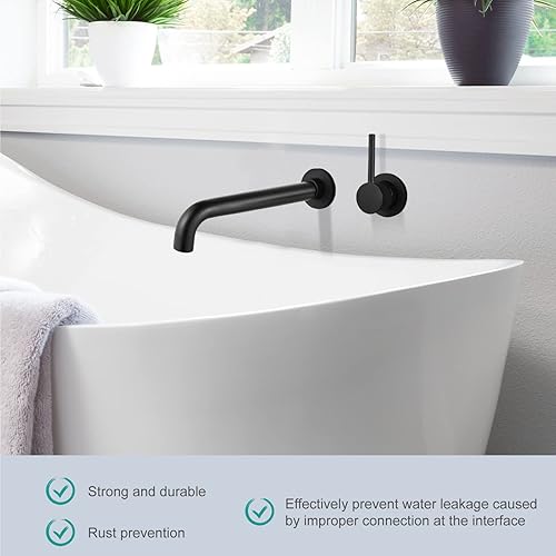 Miniatura 8 de Aolemi Grifos de bañera de montaje en pared para baño, grifo de baño de pared de fregadero de una sola manija, negro mate con válvula de latón