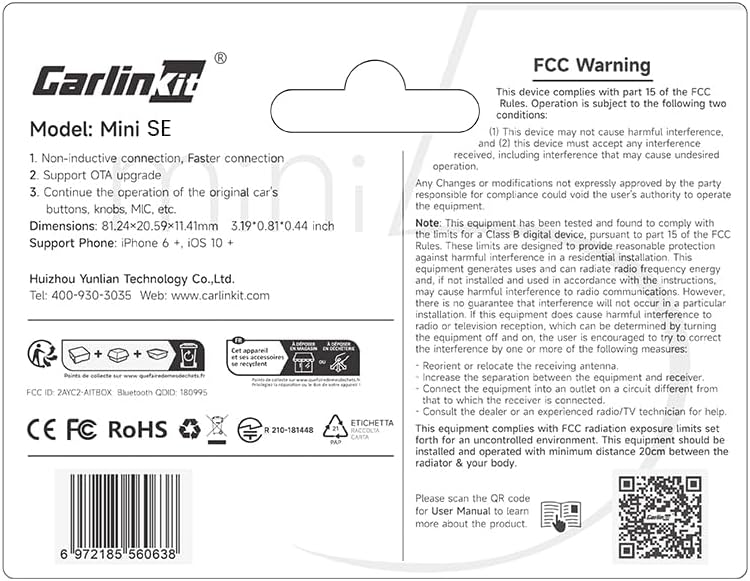 Carlinkit mini SE CarPlay wireless adapter,For OEM Wired CarPlay Cars(Year of manufacture:2016 to 2024) Plug and Play,Support online version update,Bluetooth 5Ghz WiFi Auto-Connect 12 61+L1Le MJL. AC SL1000