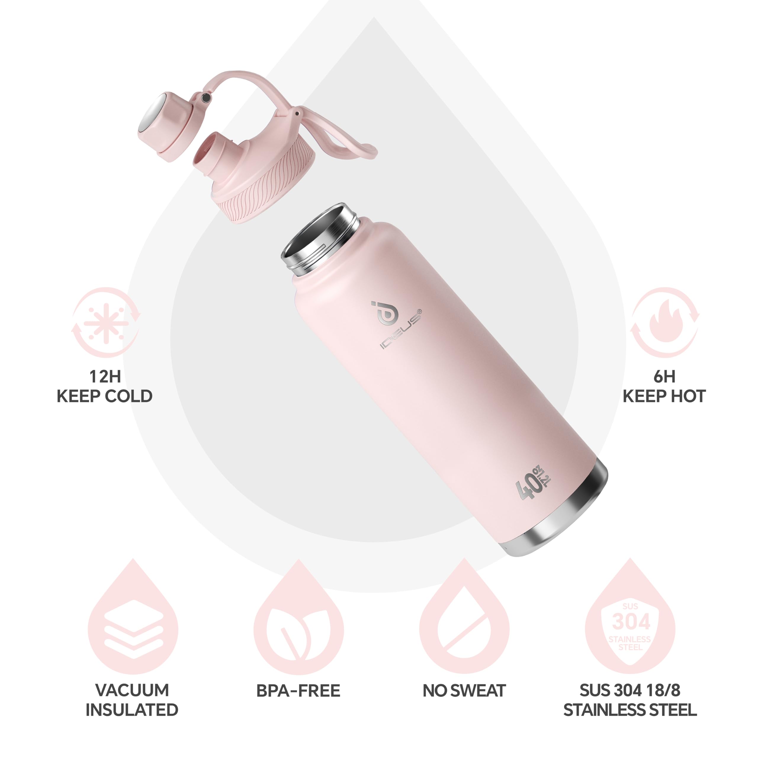 IDEUS Insulated Stainless Steel Water Bottle with 2 Leak-Proof Lids, Thermal Water Flask for Hiking Biking, 40oz, Light Pink