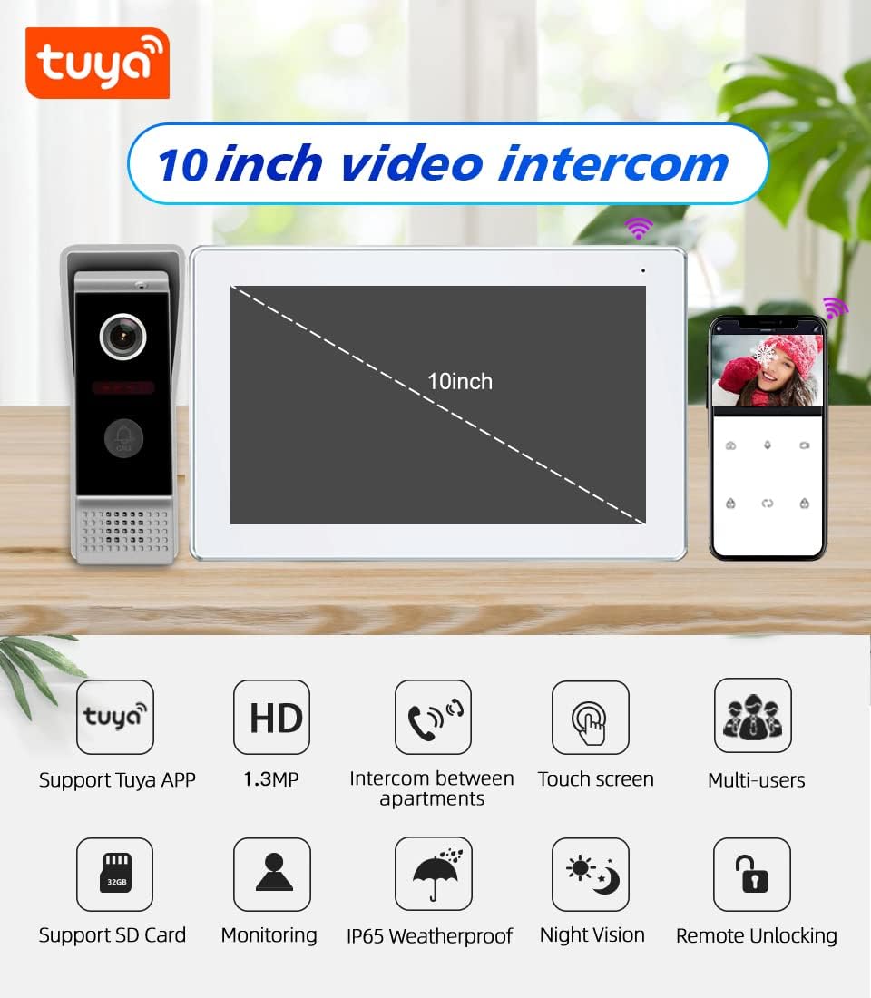 ANJIELO SMART Video Intercom System, WiFi Video Doorbell Camera with Monitor 960P 10 inch Wired Doorbell Camera, Support Remote Unlock, PIR Motion Detection, Two-Way Audio, Night Vision