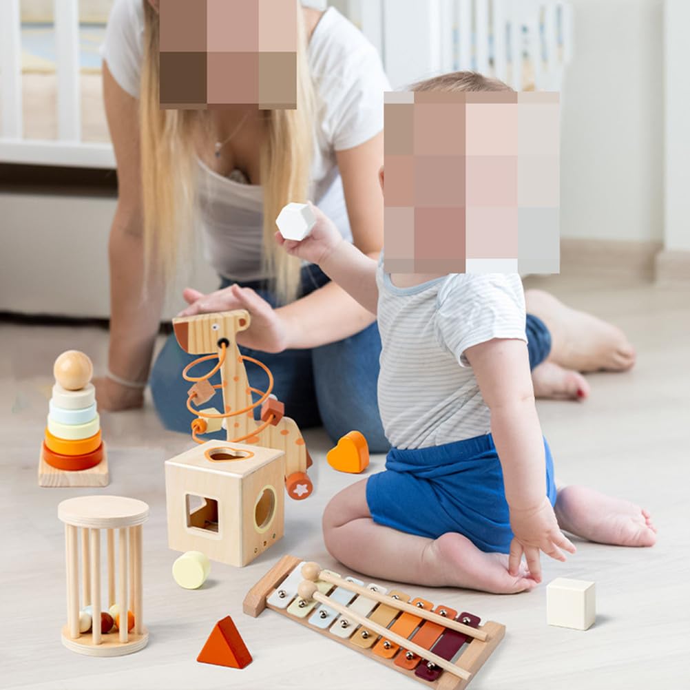 Drewniany zestaw zabawek Montessori dla niemowląt, zabawki rozwijające | Zabawka sensoryczna dla malucha, drewniany ksylofon, kostka do sortowania kształtów