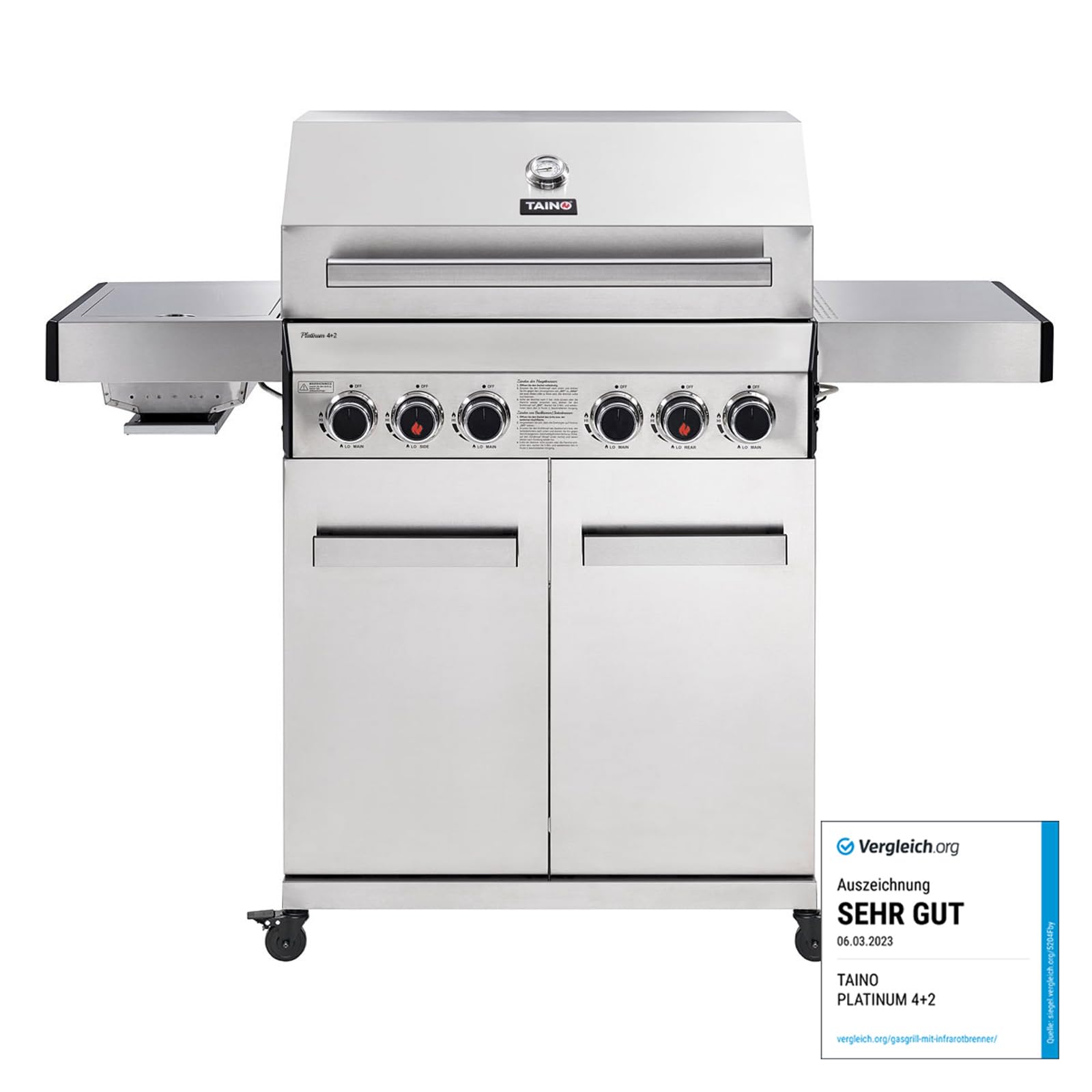 TAINO PLATINUM 4+2 Gasgrill Edelstahl komplett 4 Brenner mit Seitenkocher und Keramik Sear-Burner Power-Zone Seitenbrenner