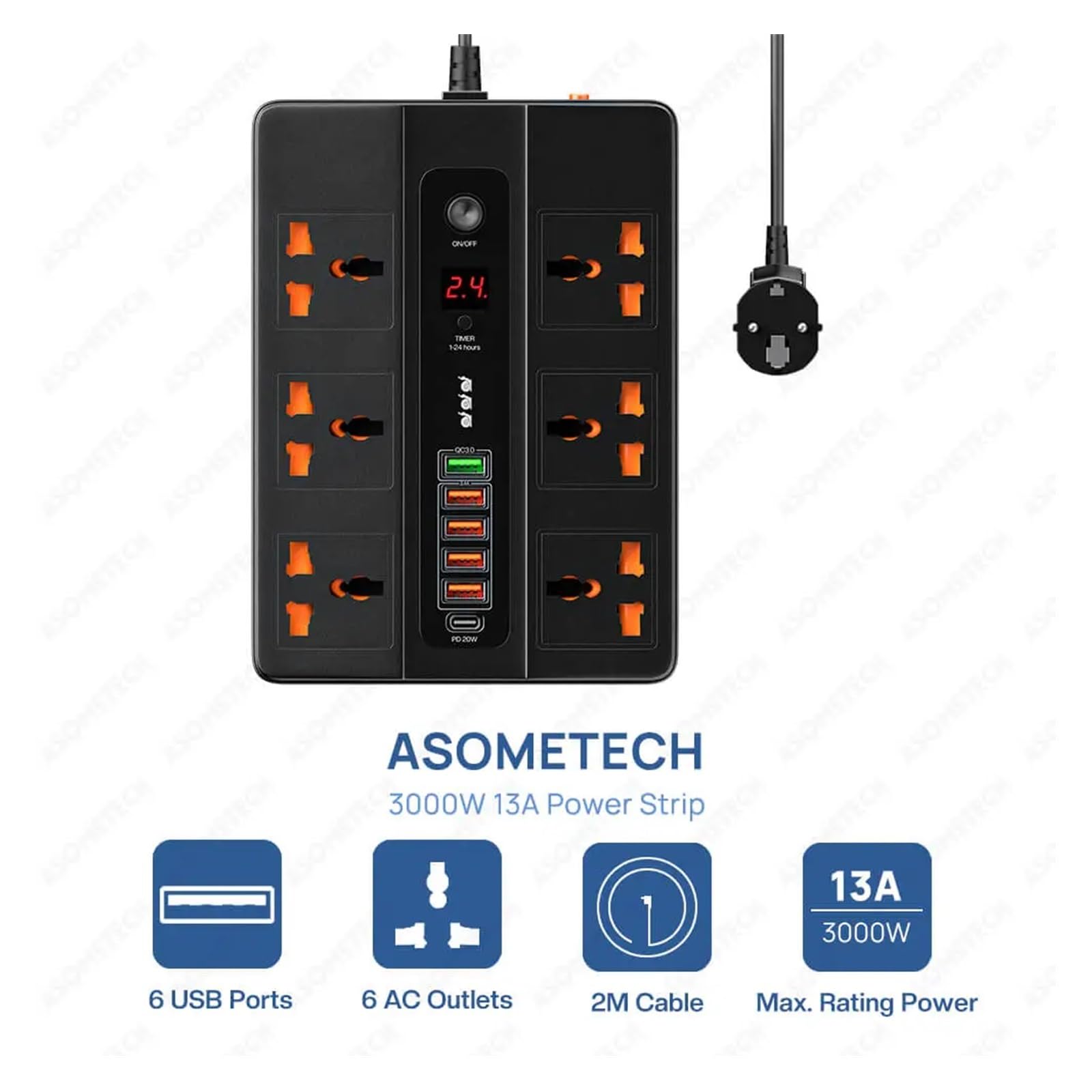 Ładowarka USB, 6 portów 20W PD QC3.0 Szybka ładowarka USB typu C Adapter stacji szybkiego ładowania 3000W 6 gniazd AC Listwa zasilająca(2PCS Black 5V-3.4A)