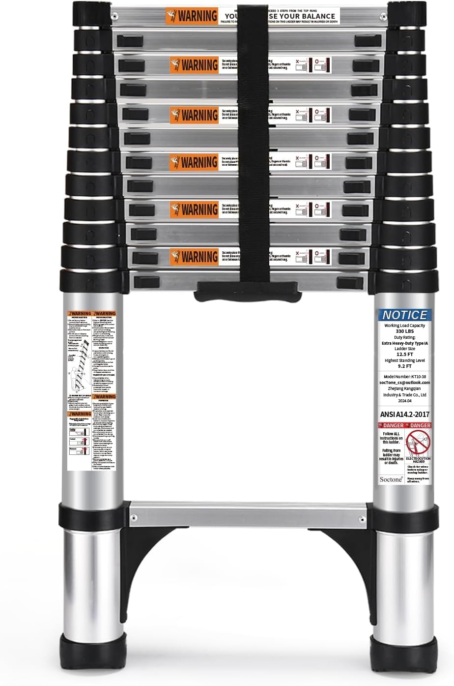 SocTone Telescoping Ladder 12.5ft Aluminum Lightweight Extension Ladder with 2 Triangular Stabilizers Heavy Duty 330lb Max Capacity Multi-Purpose Folding Ladder for RV or Outdoor Work