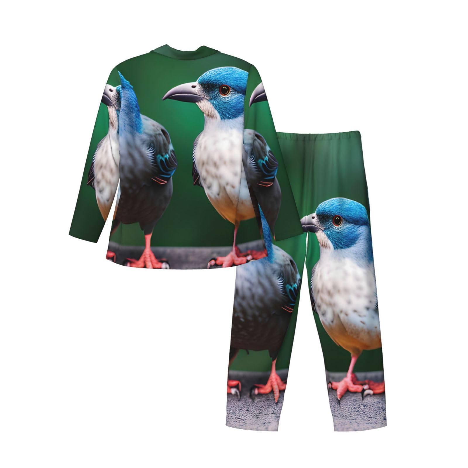 Zweiteiliges Pyjama-Set für Herren, langärmelig, mit zwei Vögeln, bequeme Nachtwäsche