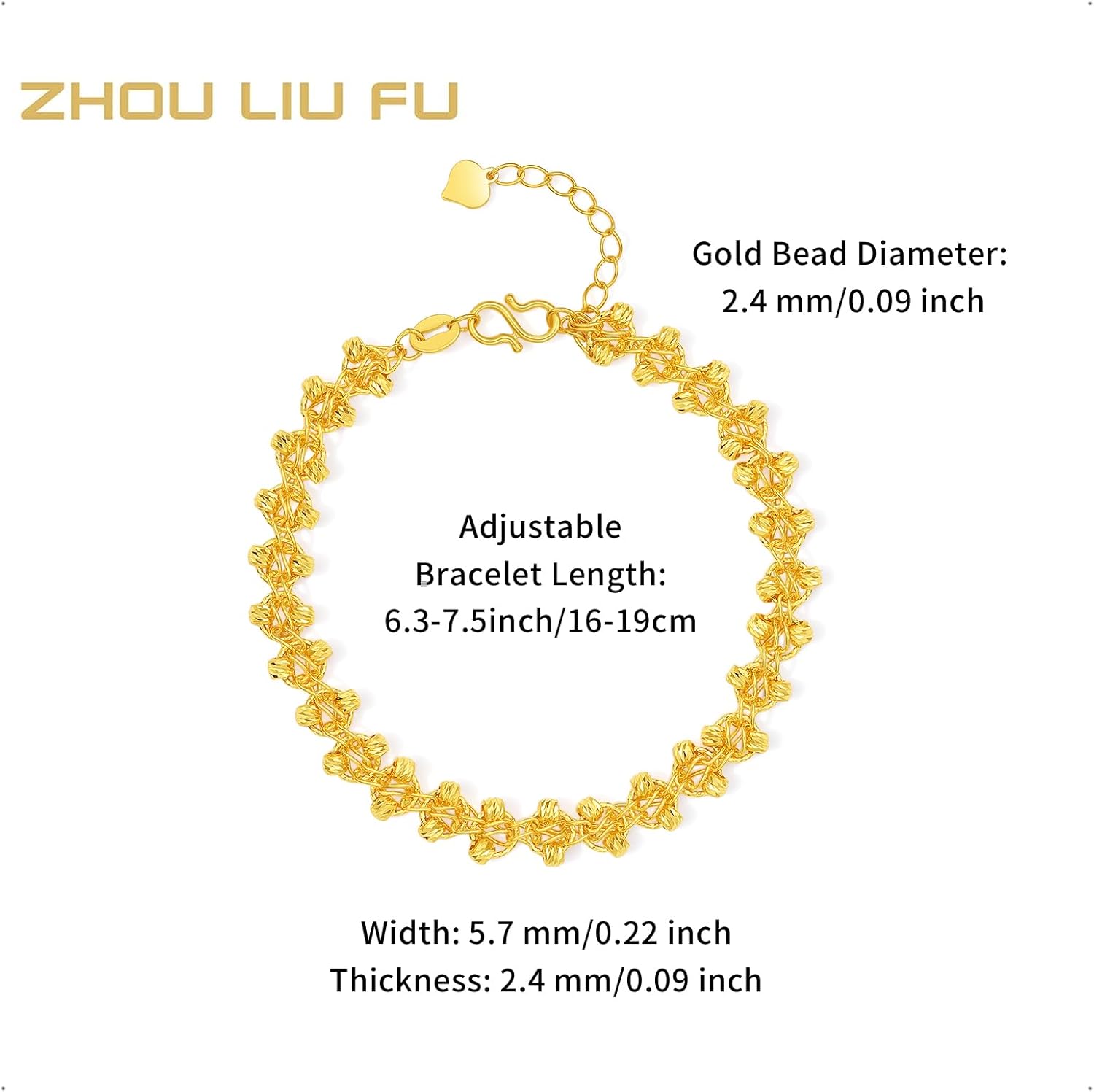 24K Solid Gold Bracelets Real Pure Gold Bead Chain Bracelet Dainty Jewelry for Women Mom Couples Lovers Wife Anniversary Birthday 6.3-7.5"(16+3cm) A0714521