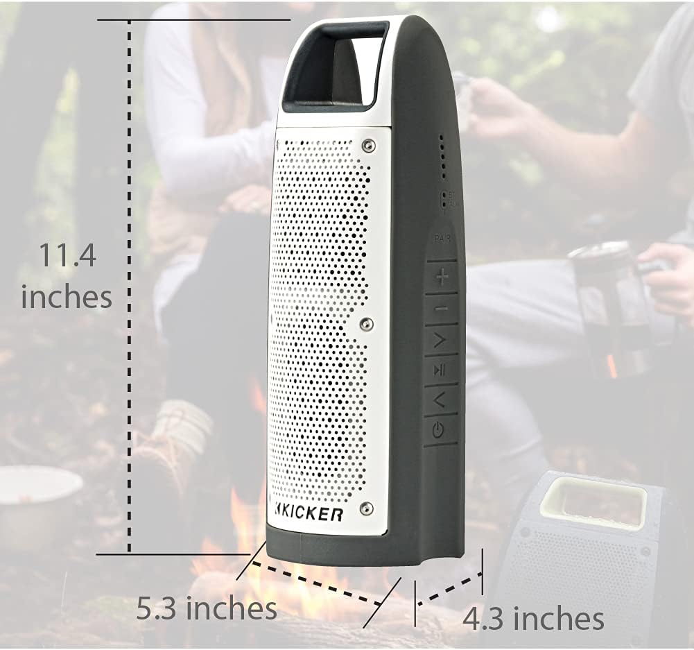 KICKER Bullfrog BF100 speaker with dimensions labeled: 11.4 inches height, 5.3 inches width, 4.3 inches depth