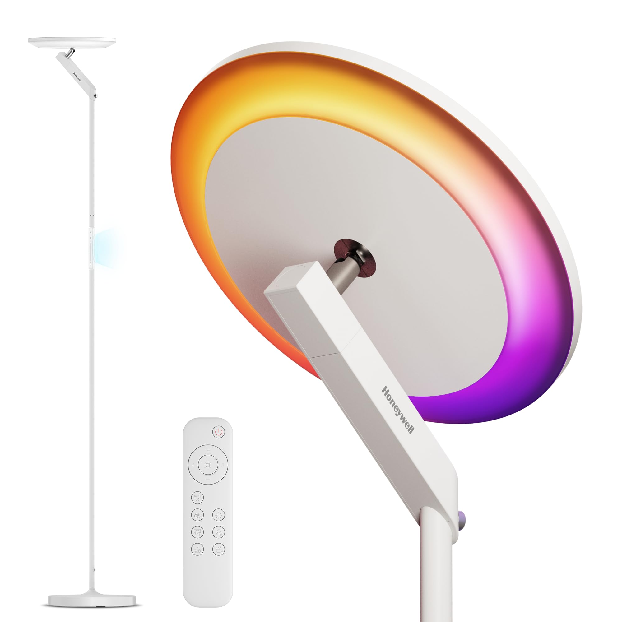 Honeywell Lampada da terra a LED - F2 Sunturalux™ Torchiere con telecomando, 40W/3000LM Max, 2700K-5700K, 7 livelli dimmerabile, 6 modalità RGB per soggiorno, camera