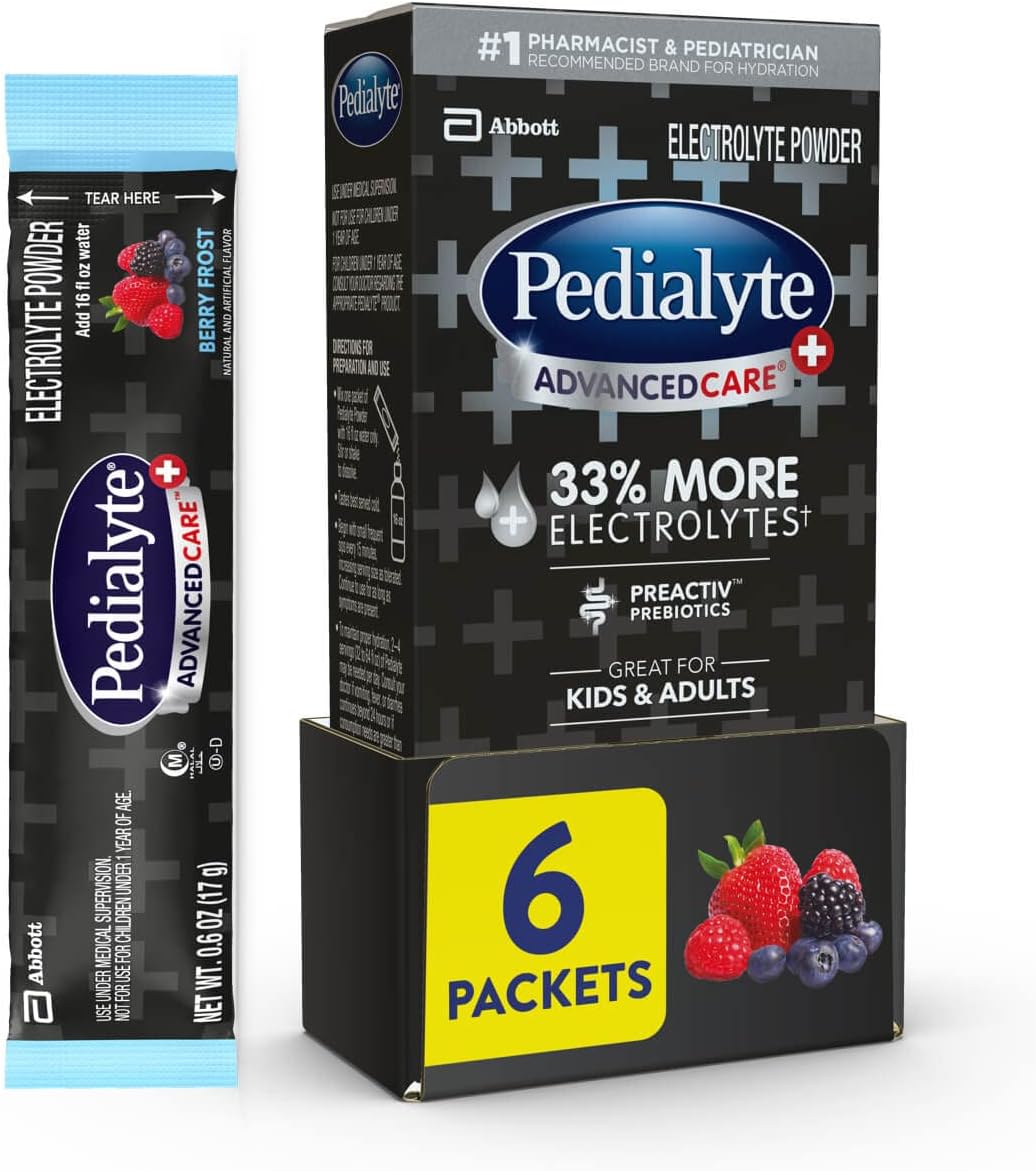 AdvancedCare Plus Electrolyte Powder, Has 33% More Electrolytes and PreActiv Prebiotics, Berry Frost, 6 Powder Packets