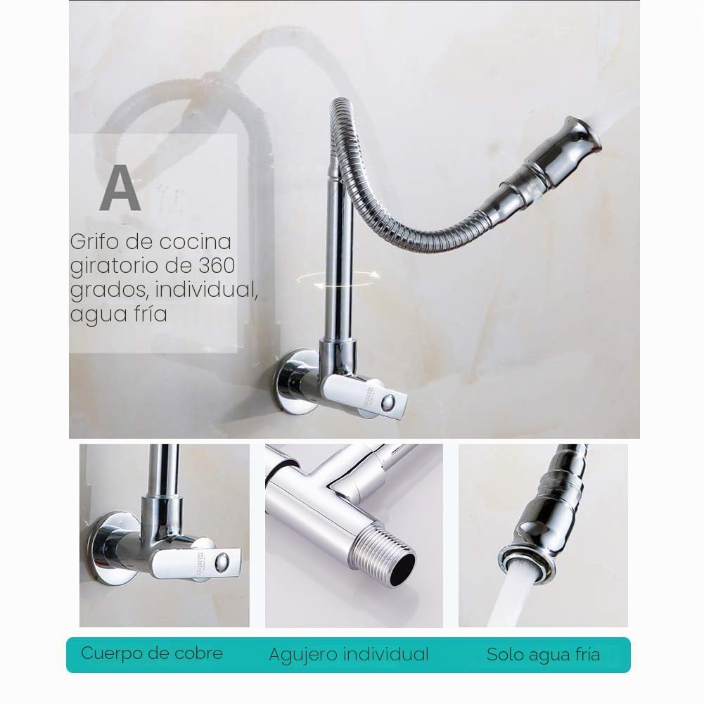 Inchant - Grifo de pared para cocina con agua fría, acabado cromado y cuerpo de latón, giratorio 360°, giratorio