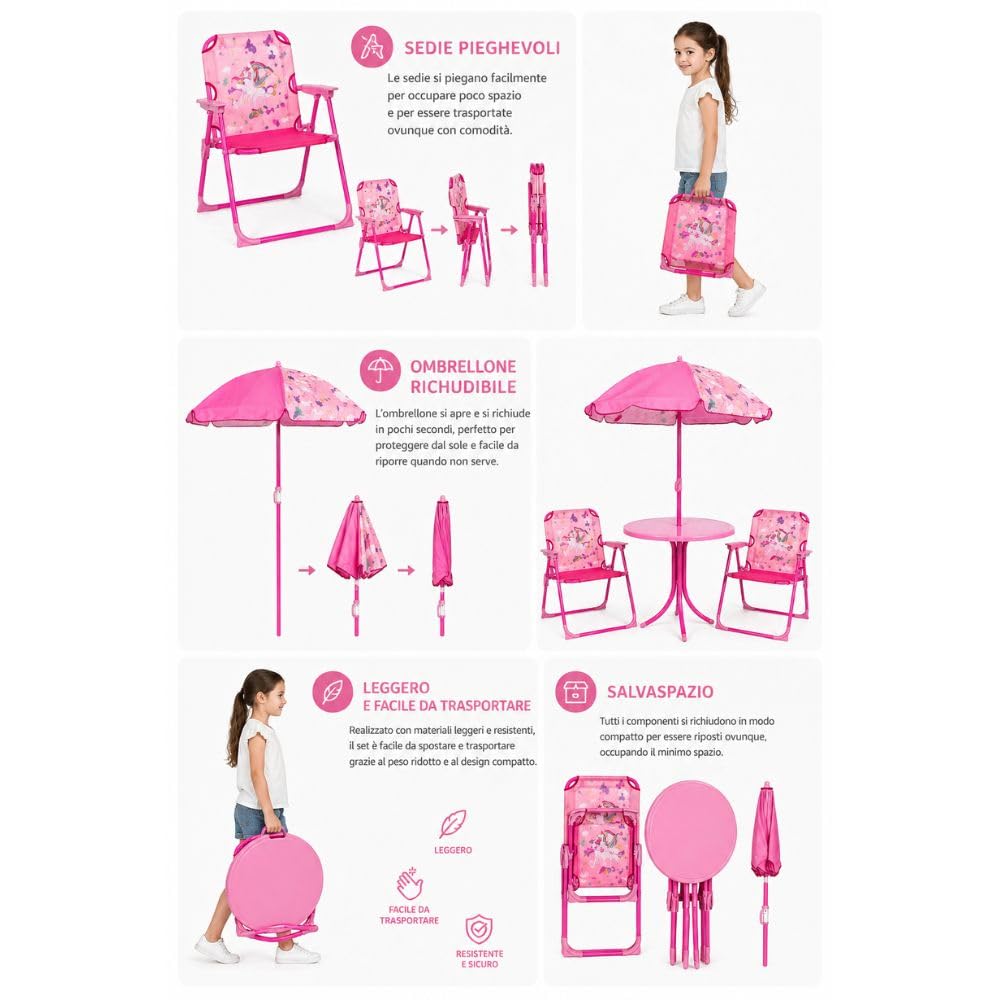 Set Bimbi 2 Sedie + Tavolo con Ombrellone – Pieghevole, Altezza Regolabile, Leggero e Portatile – Ideale per Giardino, Spiaggia e Casa (Rosa)