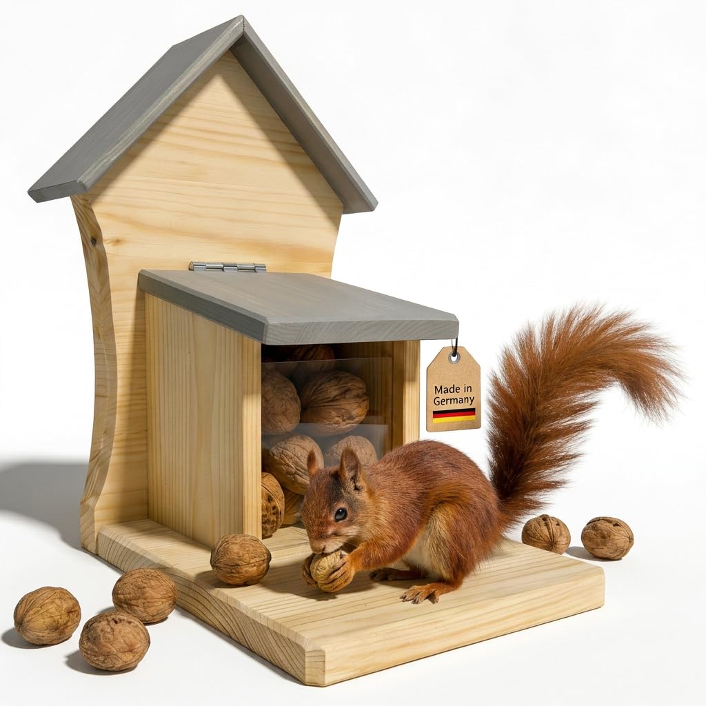 DAdie Eichhörnchen Futterhaus - Wetterfeste und Robuste Eichhörnchen Futterstation - zum Hängen oder Stellen - Robust Dank 2cm dickem Holz - vormontierte Aufhängung