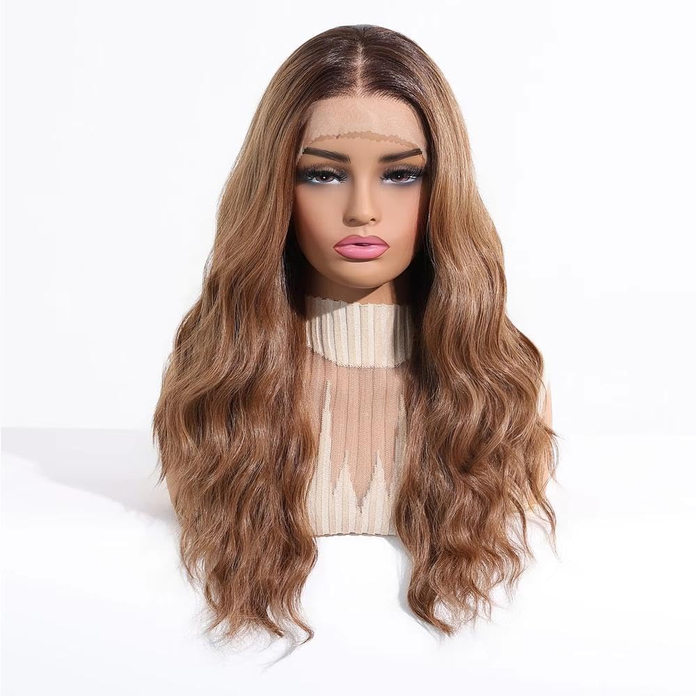 Haarpflege 13x6 HD Lace Front Perücke 76,2 Cm Lang Gewellt Ombre Blond Perücken Ohne Kleber Vorgezupft Hitzebeständig(Warm Brown Balayage)