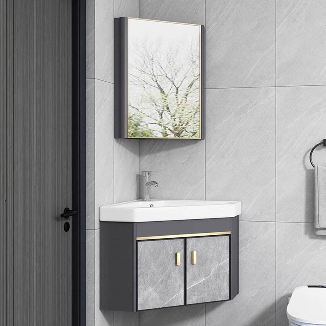 DFGHNBVC Corner Wall Mounted Bathroom Cabinet With Sink Mirror Floating Ceramic Washing Station With Storage Space Aluminum 48Cm/18.8In Modern Bathroom Set