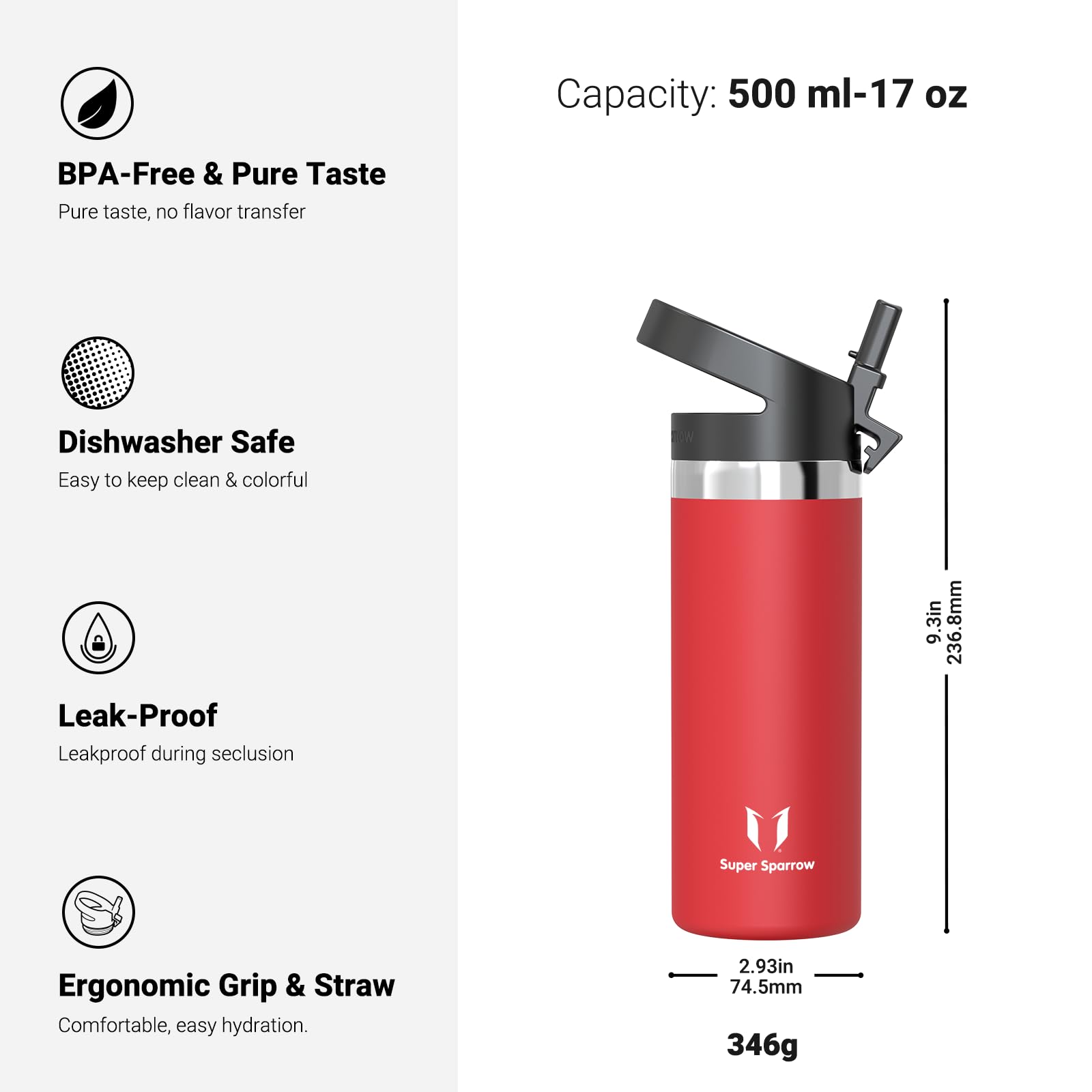 Super Sparrow Borraccia Termica - 500ml, 750ml, 1L - SwivelSip Inox Bottiglia - Senza BPA Borracce Termiche, Borraccia Bambini Ergonomica per Scuola, Sportiva, Bici, Campeggio, Palestra