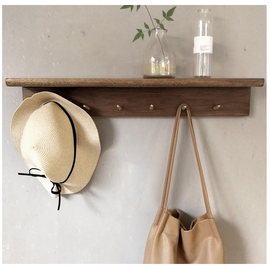 QPKZ Heavy Duty Wood Coat Rack Wall Mount With Shelf, Walnut Color Wall Hooks Entryway Hanging Shelves With Brass Hooks for Clothes Hats Towel Purse Robes, Bathroom Mudroom Bedroom 70cm